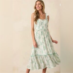 Blu Pepper Floral Smocked Sweetheart Ruffle Trim Midi Dress